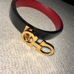 Salvatore Ferragamo Black and Red Belt with Gold Buckle